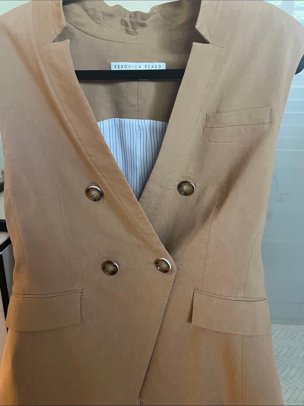 Veronica Beard Tan Double-Breasted Sleeveless Blazer Vest